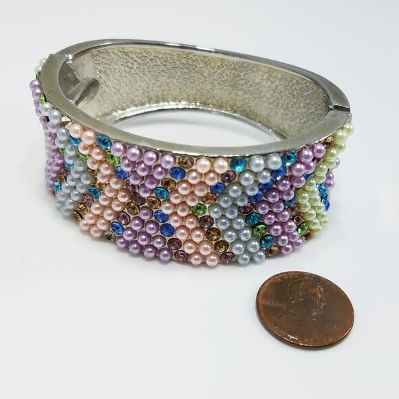 Faux Pearl Rhinestone Hinged Silver Tone Bracelet, 7 Inches - Picture 8 of 8